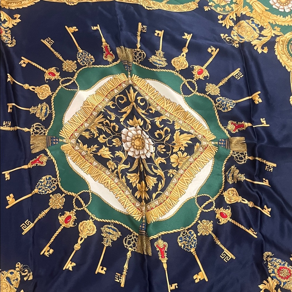 NWOT Silk-Feel Navy & Gold Key Nautical Pattern Scarf with Green Accents